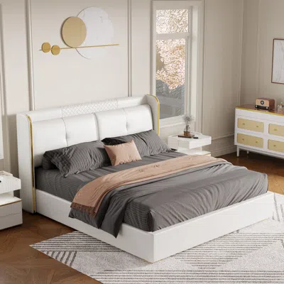 Homary Queen Upholstered Platform Bed With Faux Leather Wingback Headboard In Off-white In Neutral