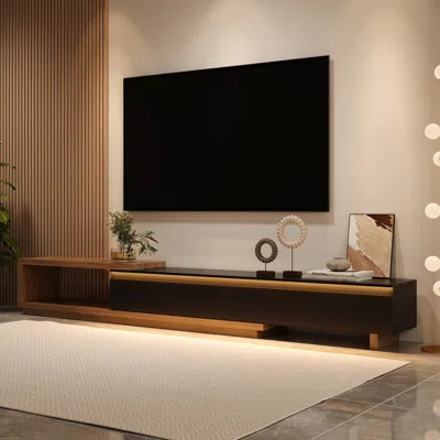 Homary Quoint 100.4" Modern Tv Stand Retracted & Extendable 3-drawer Media Console Walnut In Black