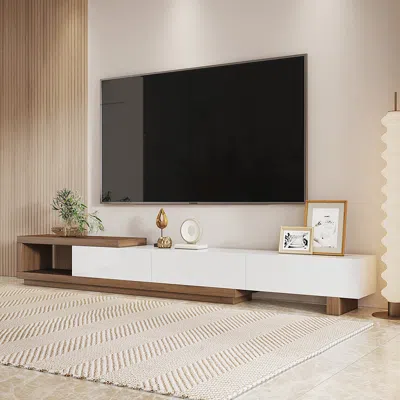 Homary Quoint 100.4" Modern Tv Stand Retracted & Extendable 3-drawer Media Console Walnut In White