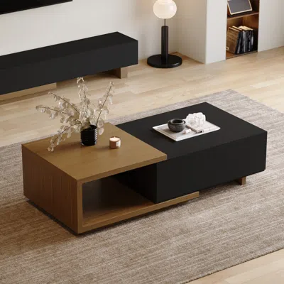 Homary Quoint 68.9" Modern Black & Walnut Coffee Table Retracted & Extendable With 2-drawer