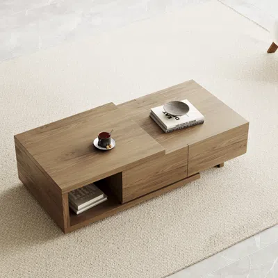Homary Quoint 68.9" Modern Walnut Coffee Table Retracted & Extendable With 2-drawer In Brown