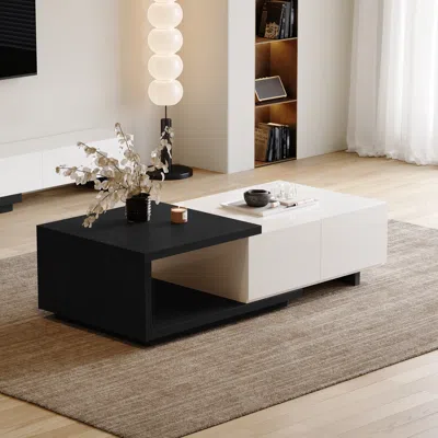 Homary Quoint 68.9" Modern White & Walnut Coffee Table Retracted & Extendable With 2-drawer In Black
