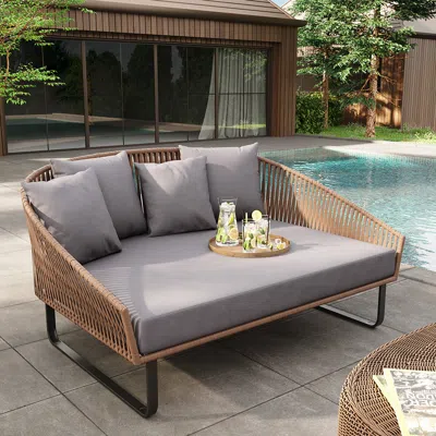 Homary Rattan Outdoor Daybed With Gray Cushion Pillow & Aluminum Frame (63" Width)