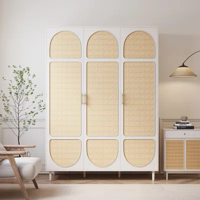 Homary Rattan White 3 Door Bedroom Clothing Armoire Wardrobe With Shelves In Brown