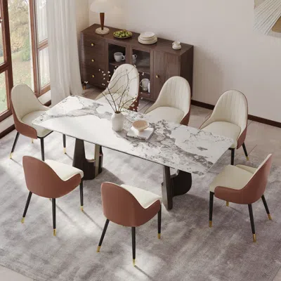 Homary Rectangle Dining Table Extendable Sintered Stone Top For 6-8 People In Walnut In White