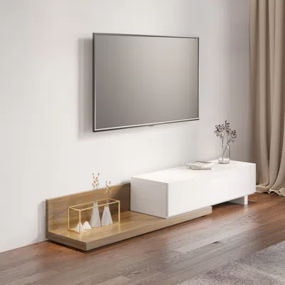 Homary Rectangle Wood Extendable Tv Stand White & Walnut Floor Media Console With 3 Drawers In Neutral
