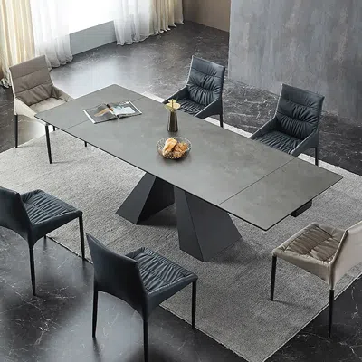 Homary Rectangular Extendable Dining Table 55''-78'' Minimalist Retractable Rock Slab Folding Table In Black
