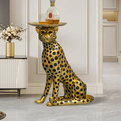 Homary Resin Panther End Table Decorative Cocktail Table Luxury Gold Leopard Accent Side Table With Tray To