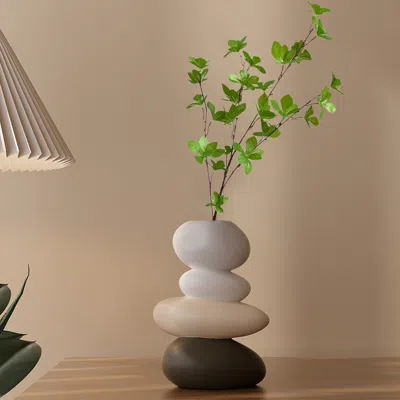 Homary Resin Stacked Stone Base Vase With Artificial Tree Multicolor Faux Plastic Indoor Plant Decor Art In White