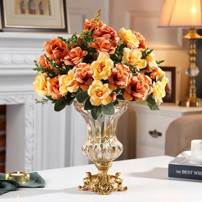 Homary Retro European Style Golden Crystal Glass Carved Vase Artificial Flowers In Vase Set