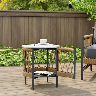 Homary Ropipe 18.5" Round Outdoor Side Table With Storage Patio Weave Rope End Table In Dark Gray