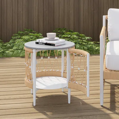 Homary Ropipe 18.5" Round Outdoor Side Table With Storage Patio Weave Rope End Table In Khaki In White