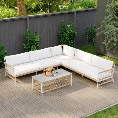 Homary Ropipe 4 Pieces L Shape Woven Rope Outdoor Sectional Sofa Set In Khaki & White For 5
