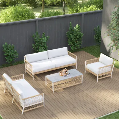 Homary Ropipe 4-pieces Woven Rope Outdoor Sectional Sofa Set In Khaki & White For 6