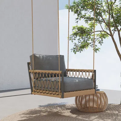 Homary Ropipe Boho Khaki Hand Woven Rope Outdoor Patio 1-seater Swing Sofa Arm Chair With Gray Cushion 529l In Brown