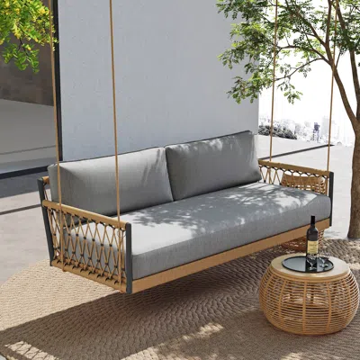 Homary Ropipe Boho Khaki Hand Woven Rope Outdoor Patio 1-seater Swing Sofa Arm Chair With Gray Cushion 529l