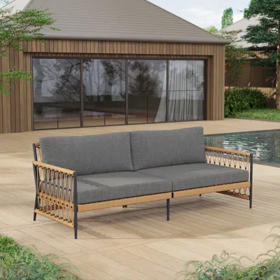Homary Ropipe Woven Rope Outdoor Sofa 3-seater Sofa With Dark Gray Polyester Pillow Cushion