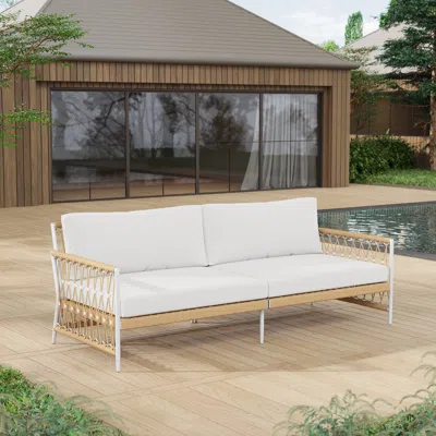 Homary Ropipe Woven Rope Outdoor Sofa 3-seater Sofa With White Polyester Pillow Cushion