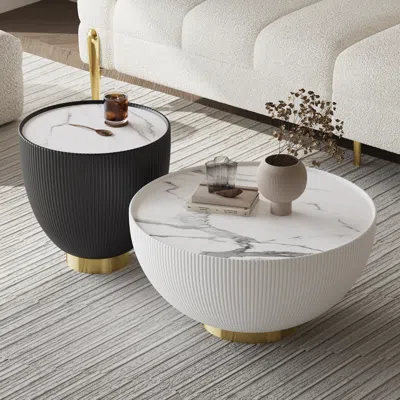 Homary Round 2-piece Nesting Set Sintered Stone Top Beige And Gray Drum Coffee Table With Pu Leather Around In Multi