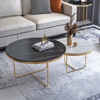 Homary Round 2-piece Nesting Set Sintered Stone Top Black And White Coffee Table With Metal Frame