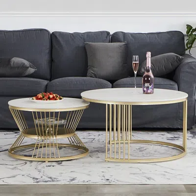 Homary Round 2-piece Nesting Set Sintered Stone Top White Coffee Table With Metal Frame In Gray