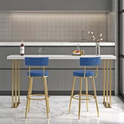 Homary Round Blue Bar Height Stool Velvet Upholstery With Back & Footrest For Kitchen Island