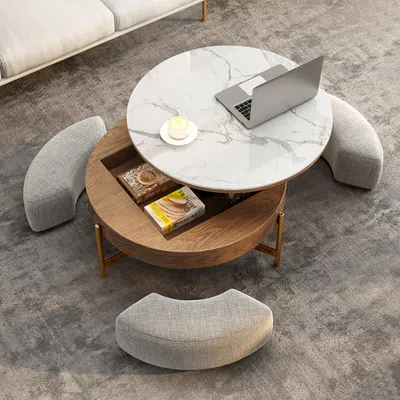 Homary Round Lift-top Coffee Table Set With 3 Ottomans And Storage White Tabletop And Walnut-colored Body
