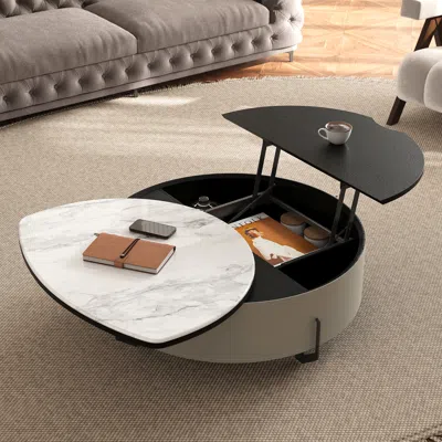 Homary Round Lift-top Coffee Table With Modern Faux Marble Tabletop And Leather Side In Multi