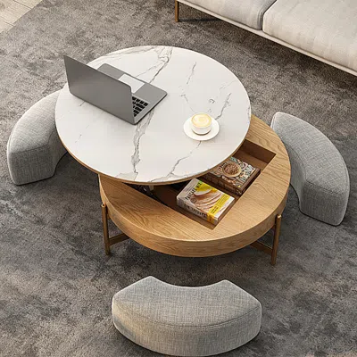 Homary Round Lift-top Coffee Table With Storage White & Natural Without Stools In Gray