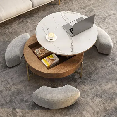 Homary Round Lift-top White & Walnut Coffee Table With Storage White & Walnut
