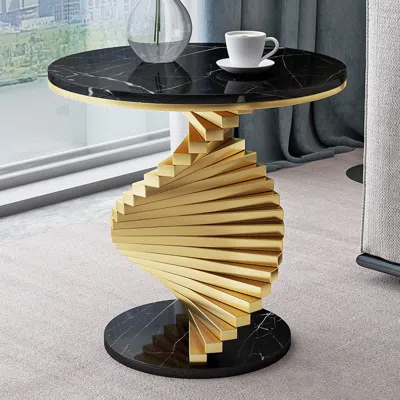 Homary Round Marble Tabletop End Table With Metal Frame Modern Black & Gold Side Table