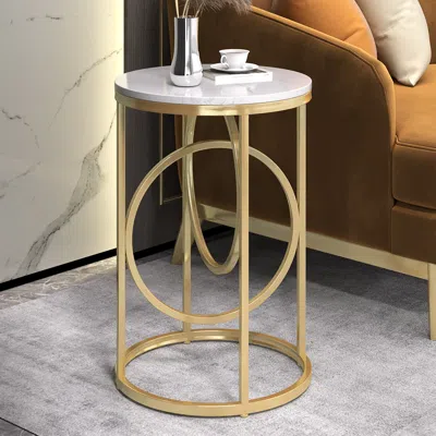 Homary Round Marble Top End Table Modern White Side Table With Metal Frame In Gold
