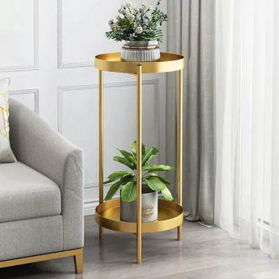 Homary Round Metal Plant Stand 2-tiered Gold Plant Pot Stand For Indoor In Large