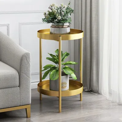 Homary Round Metal Plant Stand 2-tiered Gold Plant Pot Stand For Indoor In Small