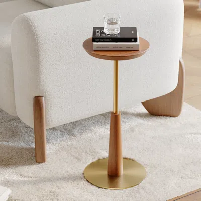 Homary Round Mid-century Modern Cocktail Table Walnut & Gold Side Table In Brown