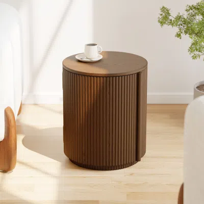 Homary Round Plywood Fluted Side Table Mid Century Modern End Table With Storage In Brown