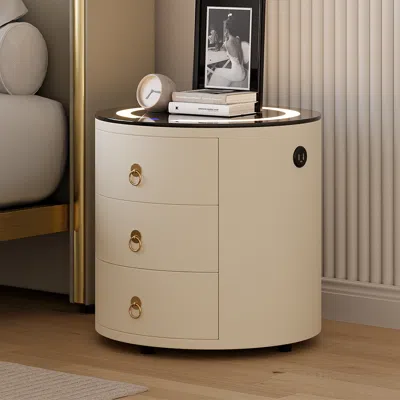 Homary Round Pu Leather Nightstand Set Of 2 With Wireless Charging & Speakers & Usb Port Modern Off-white B In Neutral