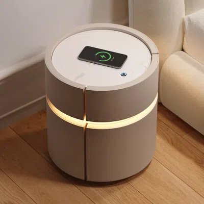 Homary Round Saddle Leather Nightstand With Wireless Charging Bedside Table In Beige Set Of 2 In Brown