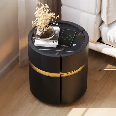 Homary Round Saddle Leather Nightstand With Wireless Charging Bedside Table In Black Set Of 2