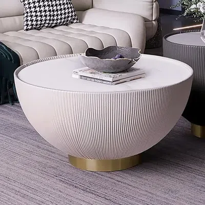 Homary Round Sintered Stone Top Drum Coffee Table With Beige Pu Leather Around And Stainless Steel Base In White