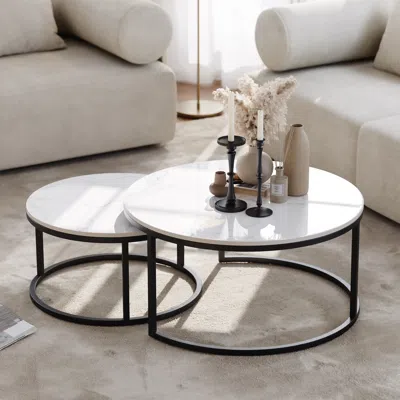 Homary Round Sinterstone And Metal Coffee Table Set In White And Black With Nesting Design, 80 Cm Modern Li