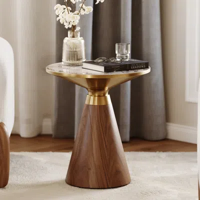 Homary Round Walnut End Table With Sintered Stone Top In Brown