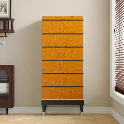 Homary Rustic Burlwood Bar Cabinet With Glass&bottle Holder Home Bar Cabinet In Yellow