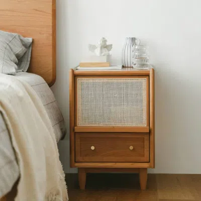 Homary Rustic Rattan Nightstand With Storage Solid Wood Bedside Table In Walnut In White
