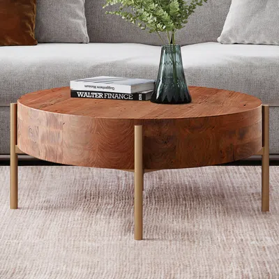 Homary Rustic Round Coffee Table With Solid Wood Tabletop Metal Legs In Brown