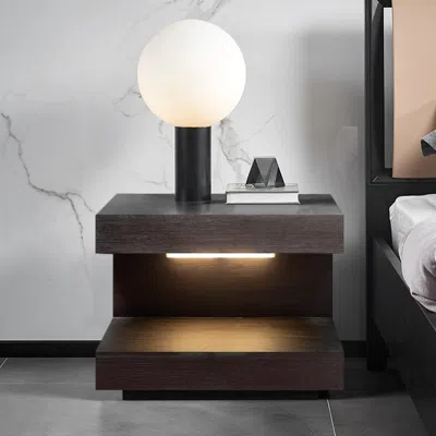 Homary Rustic Wood Nightstand With 1 Drawer C-shaped Side Table With Light In Brown