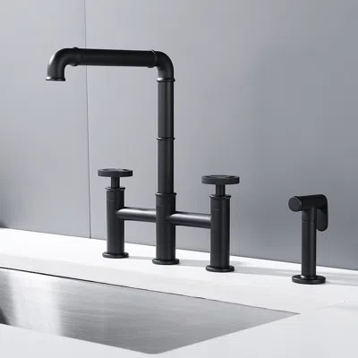 Homary Ruth Industrial 2-handle Centerset Kitchen Faucet With 1 Pull-out Sprayer Bridge-shaped In Black