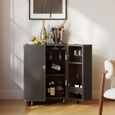 Homary Saddle Leather Mobile Wine Cabinet With Glass Racks And Storage Doors In Black