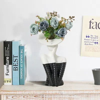 Homary Sculptural Decorative Flower Arrangement, Resin Art Vase With 5-head Artificial Roses In White