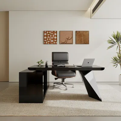 Homary Set Black L-shape Executive Desk Right Hand Reclining Leather Office Desk Chair (70.9" )